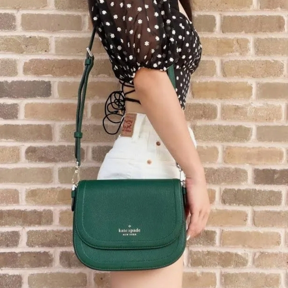 Kate Spade Blake Saddlebag Pebbled Leather Crossbody In Forest Green. Never Used - Picture 3 of 14